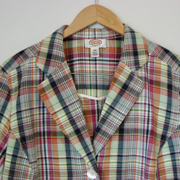 Talbots Plaid Linen Flax Blazer Jacket Flax Madras Preppy Blue Pink Green 16 W - Picture 2 of 15